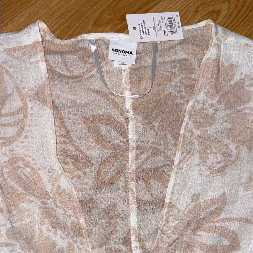 NWT Sonoma Goods For Life Washed Tie Front Topper Kimono Small White Tan OS - Picture 2 of 6